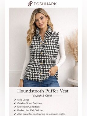 Black and White houndstooth puffer vest| Size Large| Chic Snap Buttons